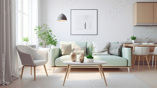 Interior Design, Stylish Scandinavian Living Room, Modern Home, Minimalist Furniture, Comfort Generative AI © Aruni