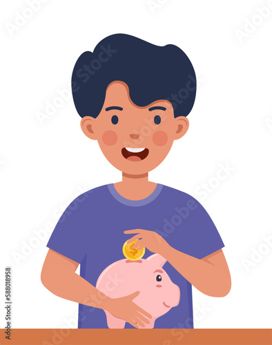 Happy boy kid putting a gold coin into a piggy bank. Money saving, economy. Vector illustration.