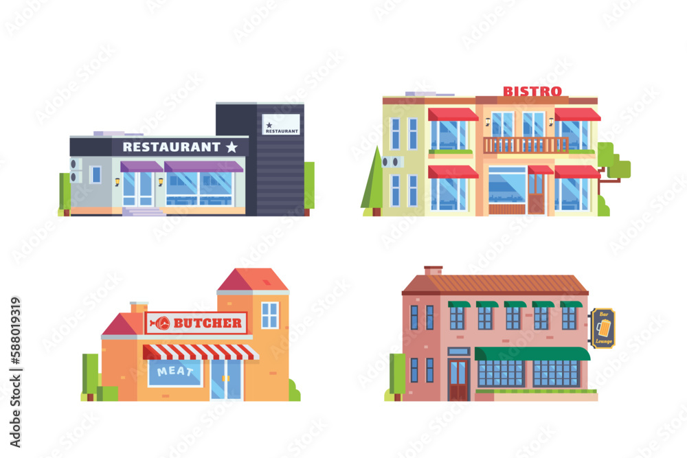 Vector element of restaurant building, bistro, bar and butcher shop flat design style for city illustration