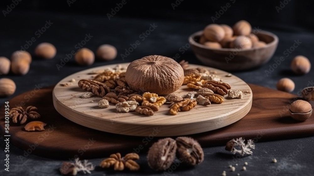 On the gray surface of the table lies a wooden, round board and a mixture of nuts, peppercorns, star anise, nut shells. Healthy food concept with walnuts and almonds on wooden background Generated AI