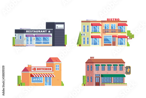 Vector element of restaurant building  bistro  bar and butcher shop flat design style for city illustration