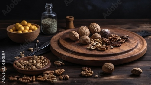 On the gray surface of the table lies a wooden, round board and a mixture of nuts, peppercorns, star anise, nut shells. Healthy food concept with walnuts and almonds on wooden background Generated AI