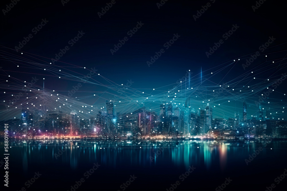 Smart city and abstract dot point connect with gradient line and aesthetic Intricate wave line design , big data connection technology concept. Ai generated