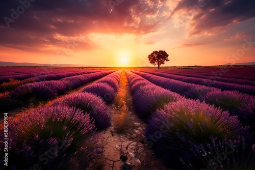 Stunning lavender field landscape Summer sunset with single tree. Ai generated
