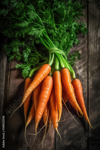 A bunch of fresh carrots still attached to their green leaves, created with Generative AI technology.