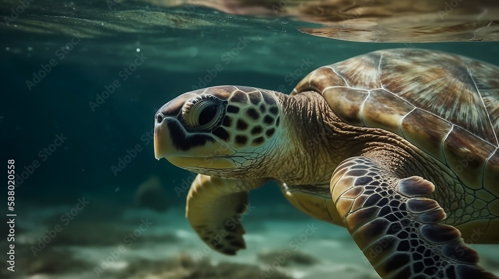 Fototapeta premium turtle swims underwater in the sea, against the backdrop of beautiful nature, summer day