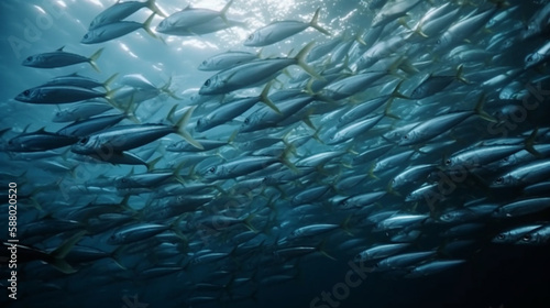 School of fish swimming under water of sea. School sardine fish swims in underwater Generated AI