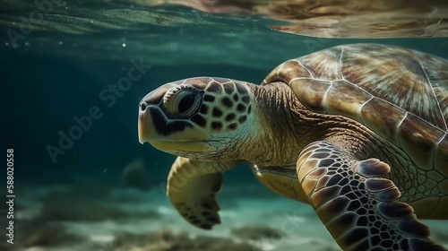 turtle swims underwater in the sea, against the backdrop of beautiful nature, summer day