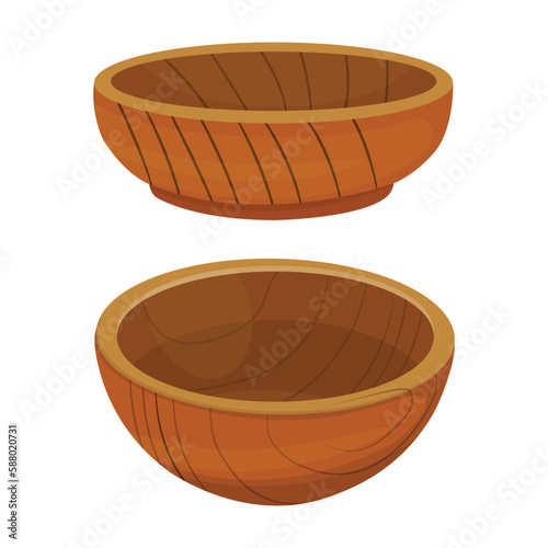 Vector illustration of wooden bowl. Kitchenware organic nature lifestyle. Empty wooden bowl isolated on a white background. Vector illustration of utensils made of natural material in cartoon