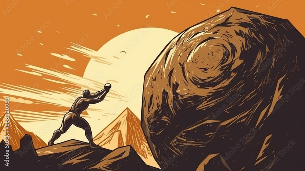 Sisyphus greek myth rolling a rock in a mountain. Guy worker strong
