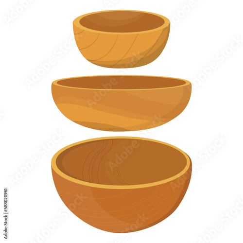 Vector illustration of wooden bowl. Kitchenware organic nature lifestyle. Empty wooden bowl isolated on a white background. Vector illustration of utensils made of natural material in cartoon