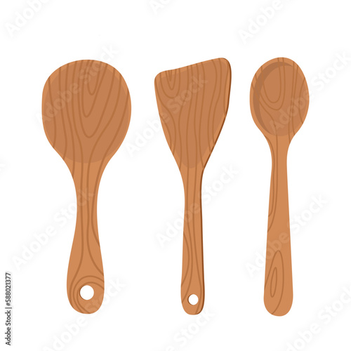 Vector illustration of collection of wooden kitchen utensils. Vector rustic wooden kitchenware set of fork, spoon and spatula digital design elements for your logo, advertisement, menu,