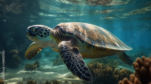 turtle swimming in the sea, turtle swims underwater in the sea, against the backdrop of beautiful nature, summer day