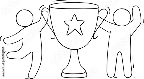 Happy winners with gold cup, trophy, reward