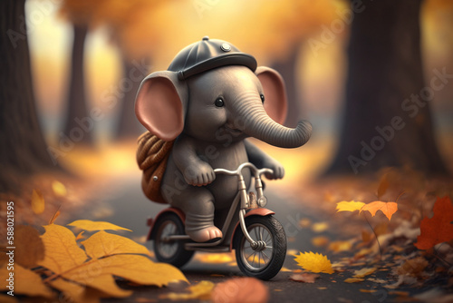 Little Elephant Cycling in the Autumn Woods with Falling Leaves