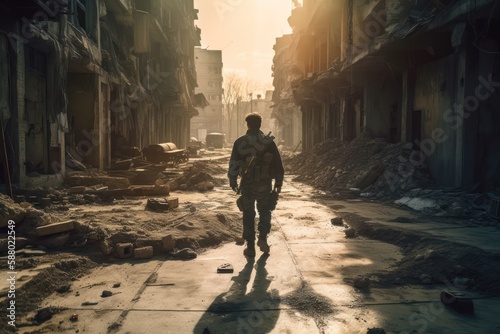 Soldiers amidst city destruction, Generative AI