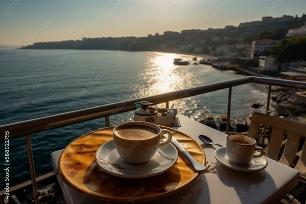 cup of coffee, elegant dishes, view from the balcony on the sea Generative AI