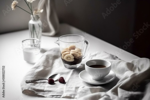 breakfast on the table, tea glass, white tones, minimalistic, Generative AI