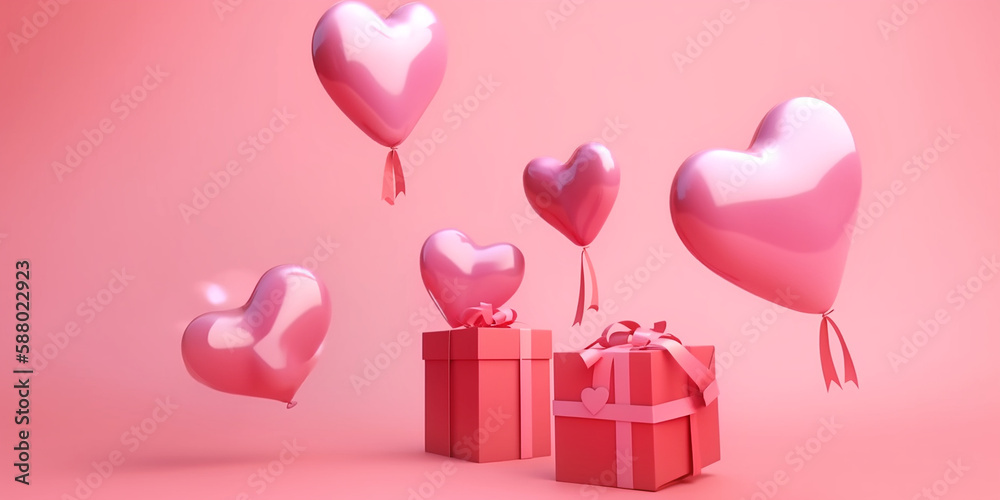 AI generated flying heart ballon with gift box, Valentine's Day design concept in pink background. Generative AI.