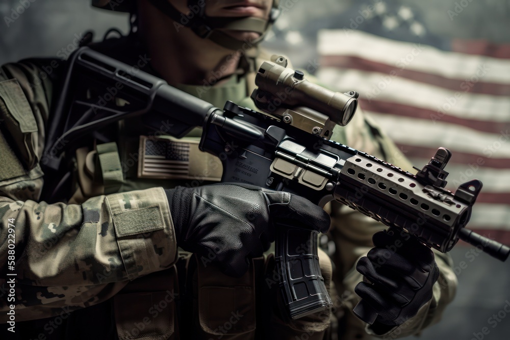 Patriotic soldier with machine gun, Generative AI Patriotic soldier with machine gun, Generative AI