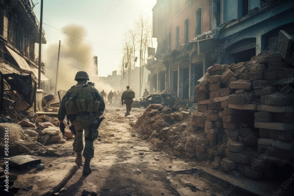 Soldiers amidst city ruins, Generative AI Soldiers amidst city ruins, Generative AI