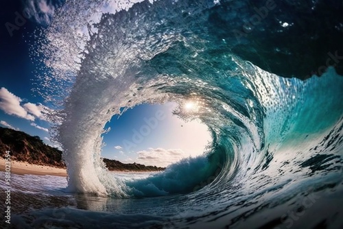  Ocean big wave . Ai. Wave crashing on beach
