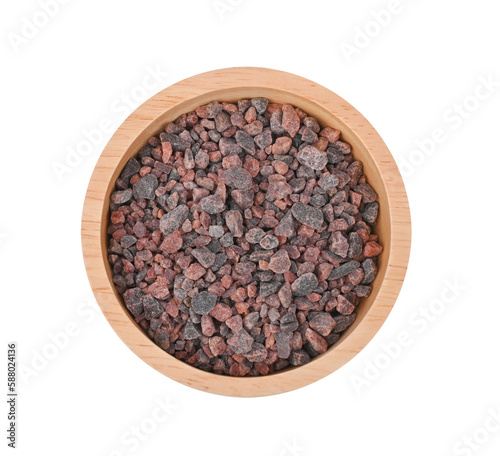 Black Himalayan salt in wood bowl on transparent png