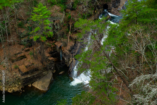Outlooks around Tallulah Falls are in northeast of Atlanta, Habersham and Rabun County, Georgia. They are a series of six waterfalls cascading through Tallulah Gorge, an ancient 1,000-foot chasm carve photo