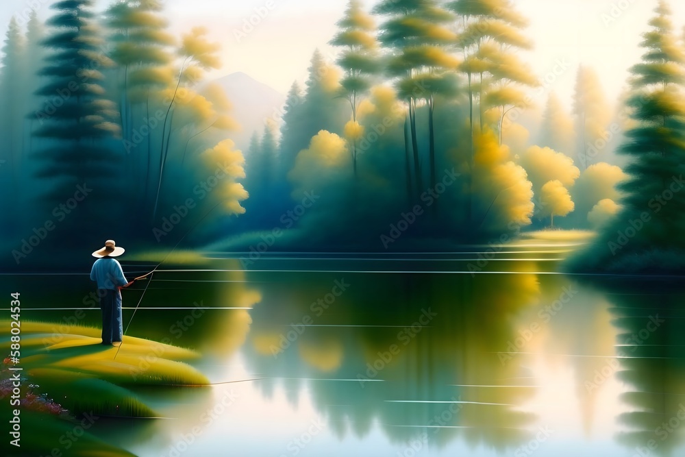 Graphic representation of Father-Son Fishing: A Serene Watercolor Painting. Generative AI. 
