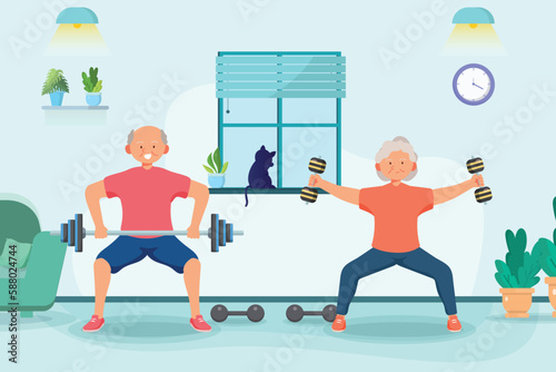 Old aged couple doing exercise at home,in cartoon character,