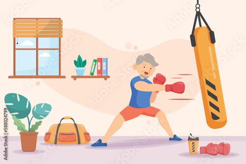 Old man practice boxing exercise ,in cartoon character,