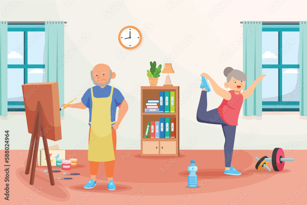 Old man drawing beside his wife is exercise.Doing activity together at home,hobby time,