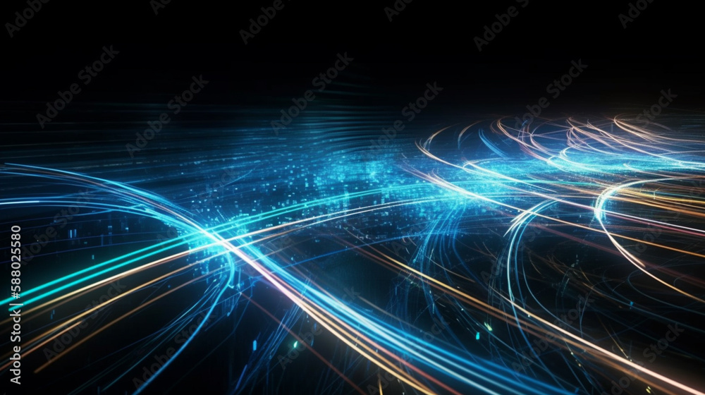 glowing glass trails. fiber optic technology concept with multiple lines Generated AI