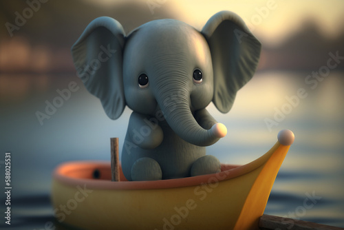 Little Elephant Drifting on a Serene Lake in a Tiny Boat