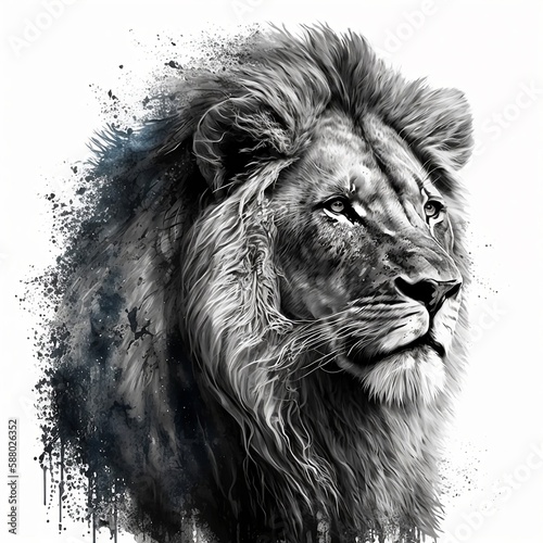 portrait of a lion  powerful and fearless lion mindset  black and white with dark blue akcents  created with generative AI