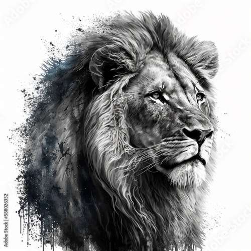 portrait of a lion, powerful and fearless lion mindset, black and white with dark blue akcents, created with generative AI