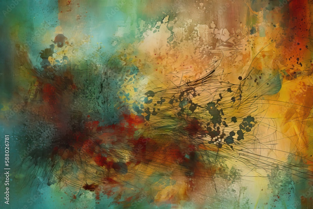 abstract background image using a mix of textural elements, such as brush strokes and splatters, in a complementary color scheme   Generative AI