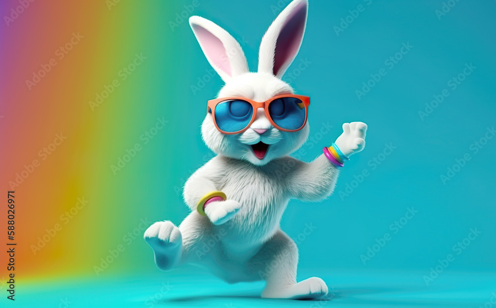 A stylish 3D-rendered rabbit wearing orange sunglasses and colorful bracelets, dancing with a rainbow backdrop, creating a fun and energetic vibe.Happy Easter greeting card. AI generated.
