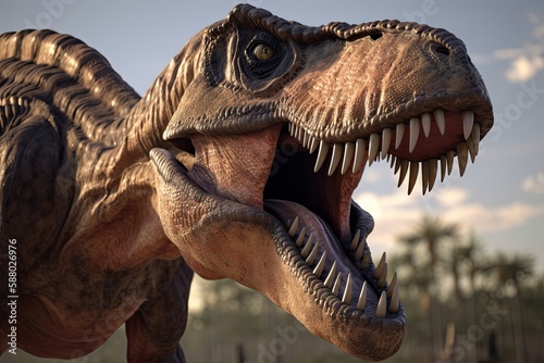 Attack of the Prehistoric Giant: 3D Illustration of a Tyrannosaurus Rex from the Cretaceous Era: Generative AI © AIGen