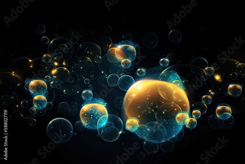 Planetary Formations of Colorful Bubbles Dancing in a Blue and Yellow Sky. Generative AI