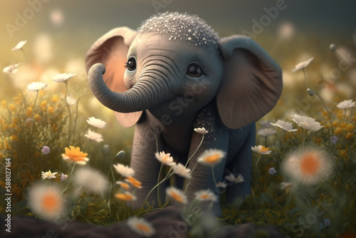 Sweet little elephant enjoying a spring flower field