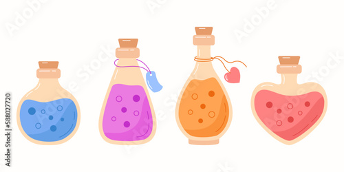 Collection of hand drawn magic potions and liquid elixirs in flat style. Witch potion bottles. Vector illustration