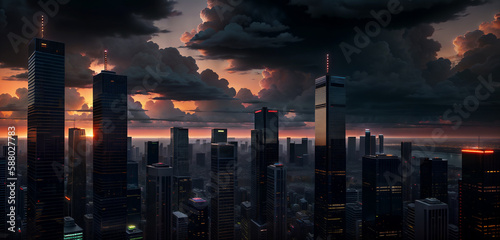 A City's Skyline of Skyscrapers and Infrastructure Against a Gloomy and Thunderous Sunset Generative AI Art Illustration