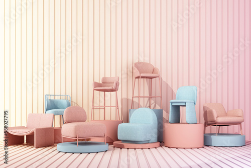 interior design concept of home decorations and furniture During promotions and discounts  surrounded by chair  sofa  armchair and advertising spaces. Pastel rainbow colored background. 3d render