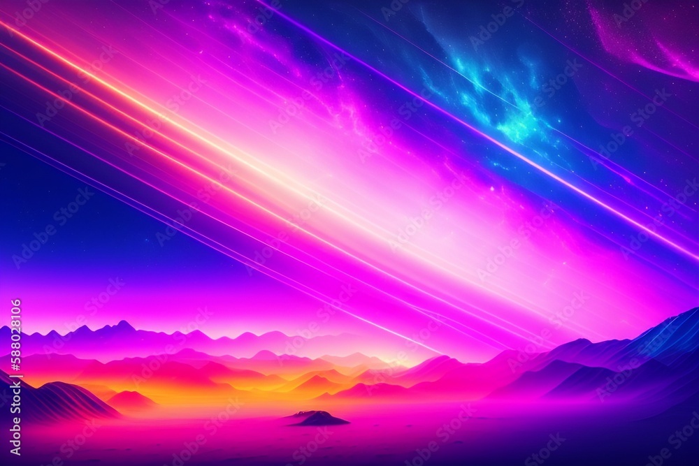 abstract neon background. Glowing lines, speed of light, meteor shower. Digital wallpaper, generative AI