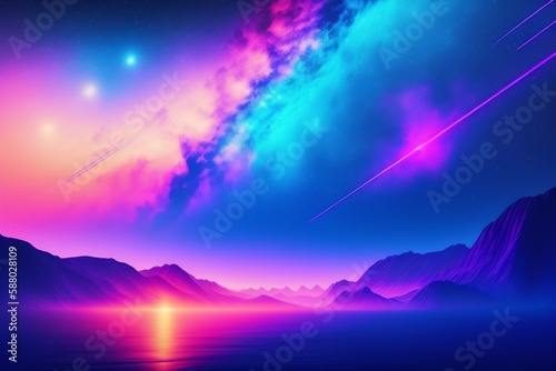 abstract neon background. Glowing lines  speed of light  meteor shower. Digital wallpaper  generative AI