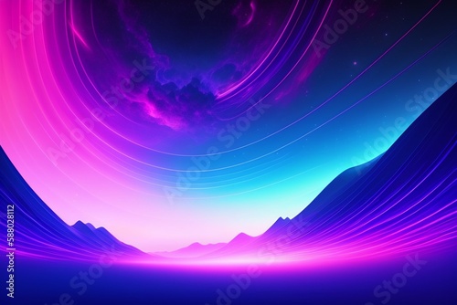 abstract neon background. Glowing lines, speed of light, meteor shower. Digital wallpaper, generative AI