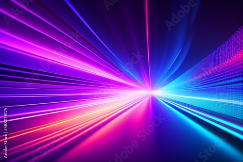 abstract neon background. Glowing lines, speed of light, meteor shower. Digital wallpaper, generative AI