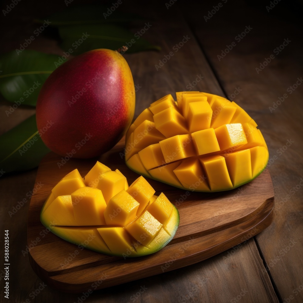 Fresh raw mango with green leaves