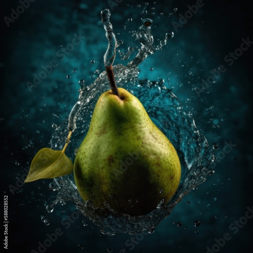 Fresh raw pear with green leaves falling in the air photo